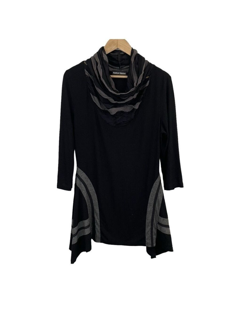 Paolo Tricot Lagenlook Tunic Top Dress Womens M Black Cowl Neck Artsy Slouchy